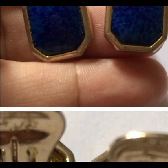 Vintage Christian dior gold faux lapis rectangle button studs clip on Earrings - Picture 6 of 8